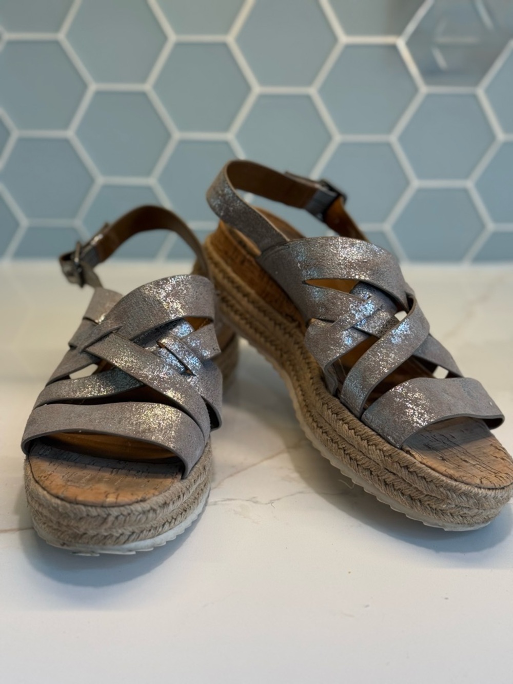 Trask Silver Espadrille Wedge Sandals
